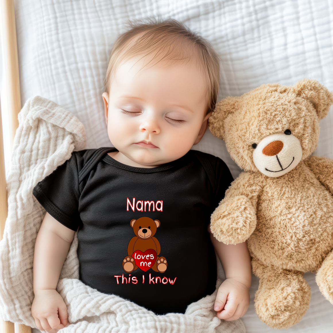 A sleeping baby wearing a black t-shirt with a teddy bear next to them.