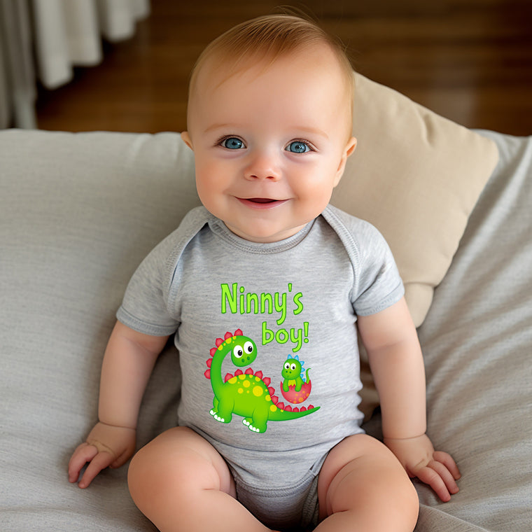 Ninny's Boy Cute Grandma Name Dinosaur Baby Bodysuit, Tshirt or Toddler Shirt for a Special Grandmother Gift or Pregnancy Announcement