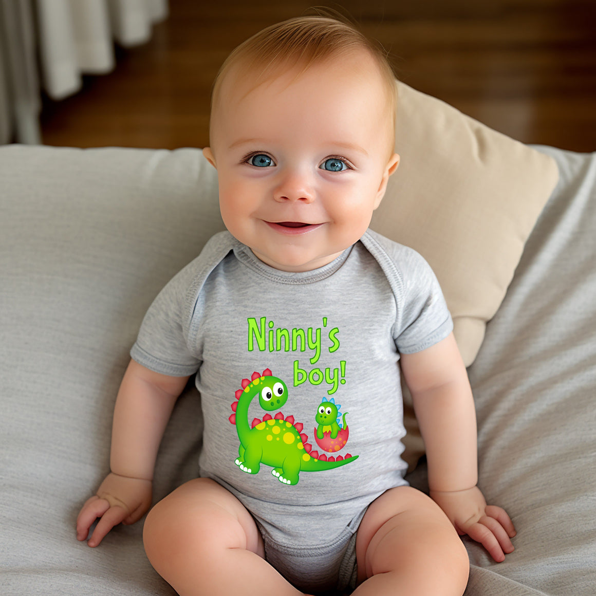 Ninny's Boy Cute Grandma Name Dinosaur Baby Bodysuit, Tshirt or Toddler Shirt for a Special Grandmother Gift or Pregnancy Announcement
