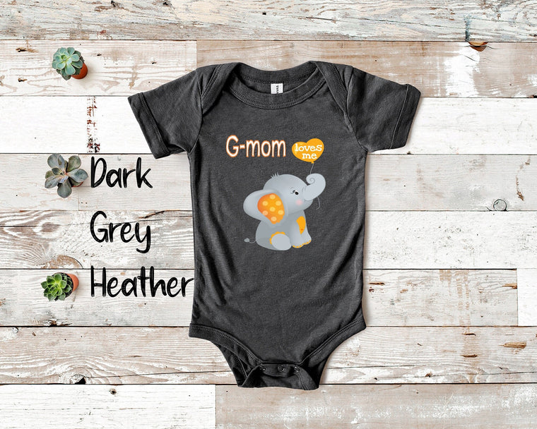 G-mom Loves Me Cute Grandma Name Elephant Baby Bodysuit, Tshirt or Toddler Shirt Special Grandmother Gift or Pregnancy Reveal Announcement