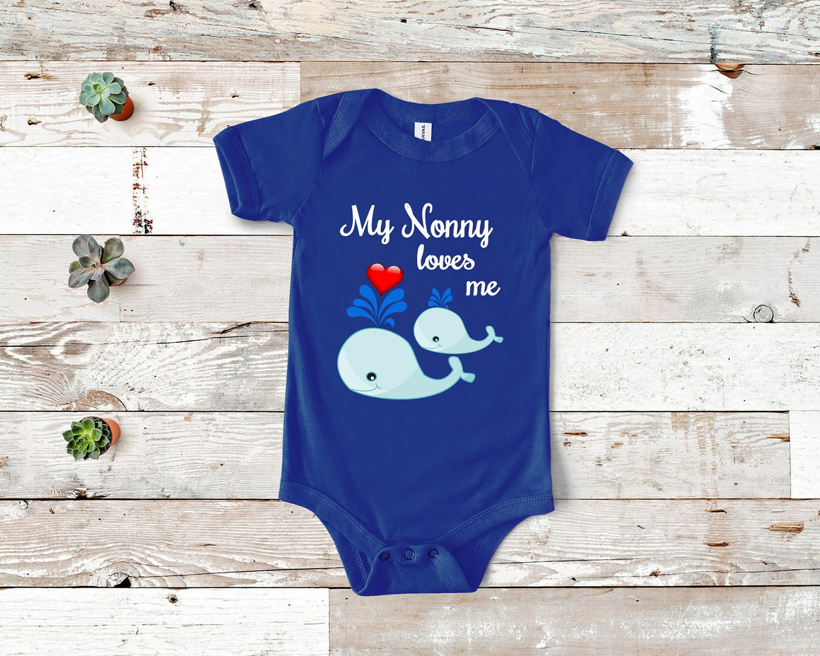 Nonny Loves Me Cute Whale Baby Bodysuit, Tshirt or Toddler Shirt Italy Italian Grandmother Gift or Pregnancy Reveal Announcement