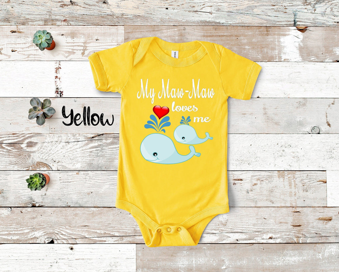 Maw-Maw Loves Me Cute Whale Baby Bodysuit, Tshirt or Toddler Shirt Special Grandmother Gift or Pregnancy Reveal Announcement