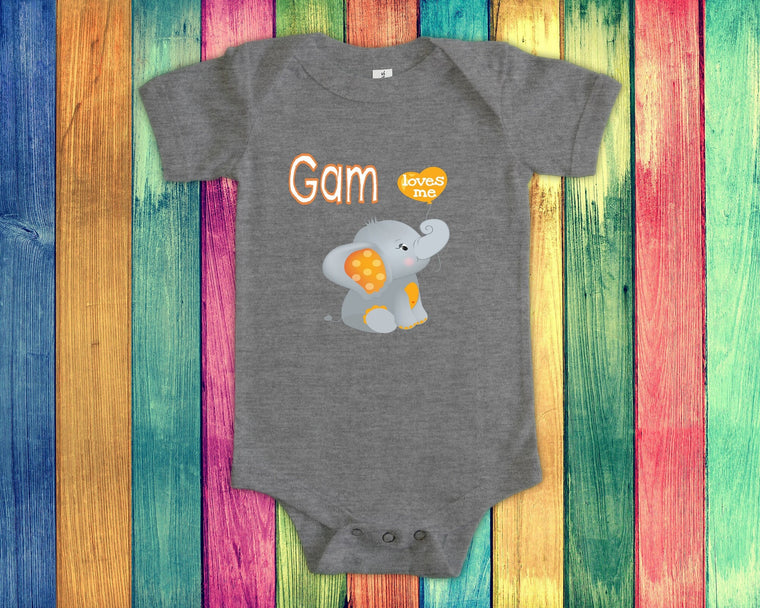 Gam Loves Me Cute Grandma Name Elephant Baby Bodysuit, Tshirt or Toddler Shirt Special Grandmother Gift or Pregnancy Reveal Announcement