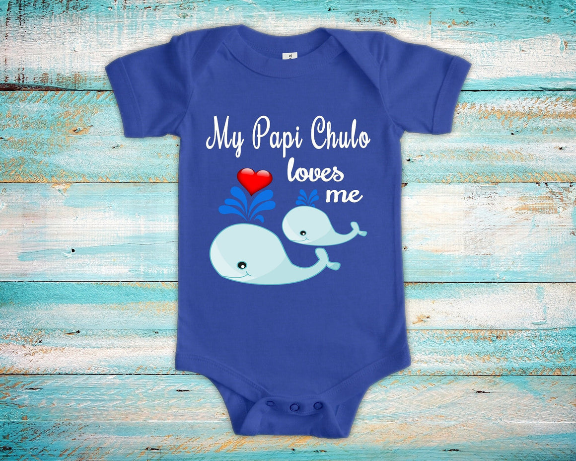 Papi Chulo Loves Me Cute Grandpa Name Whale Baby Bodysuit Tshirt or Toddler Shirt French Spanish Latino Grandfather Gift or Pregnancy Reveal