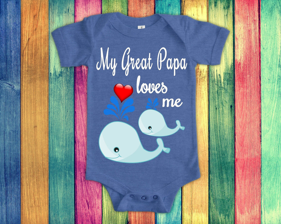 Great Papa Loves Me Cute Great Grandpa Name Whale Baby Bodysuit, Tshirt or Toddler Shirt Special Great Grandfather Gift or Pregnancy Reveal