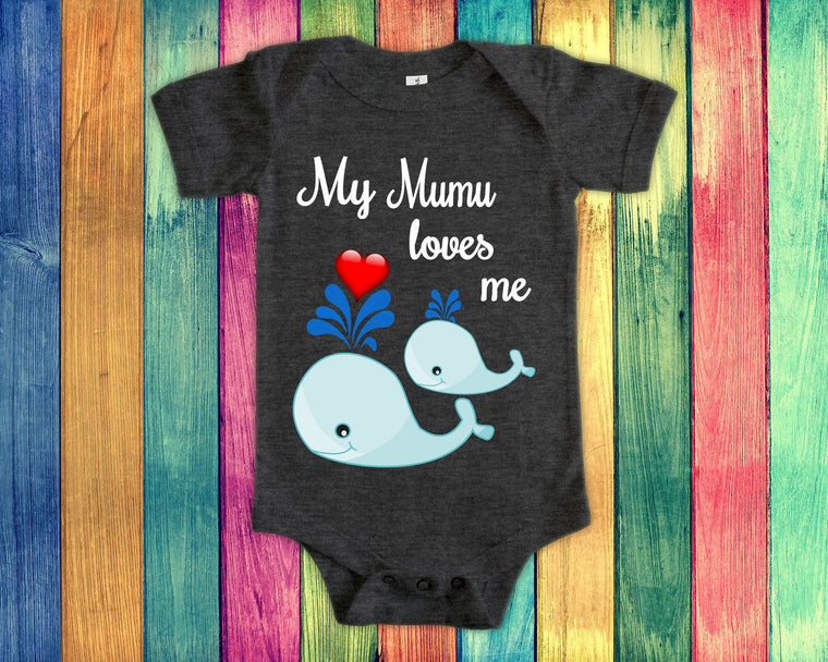 Mumu Loves Me Cute Grandma Name Whale Baby Bodysuit, Tshirt or Toddler Shirt Finnish Grandmother Gift or Pregnancy Reveal Announcement