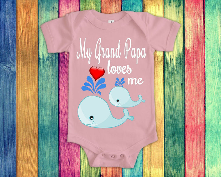 Grand Papa Loves Me Cute Grandpa Name Whale Baby Bodysuit, Tshirt or Toddler Shirt Special Grandfather Gift or Pregnancy Reveal Announcement