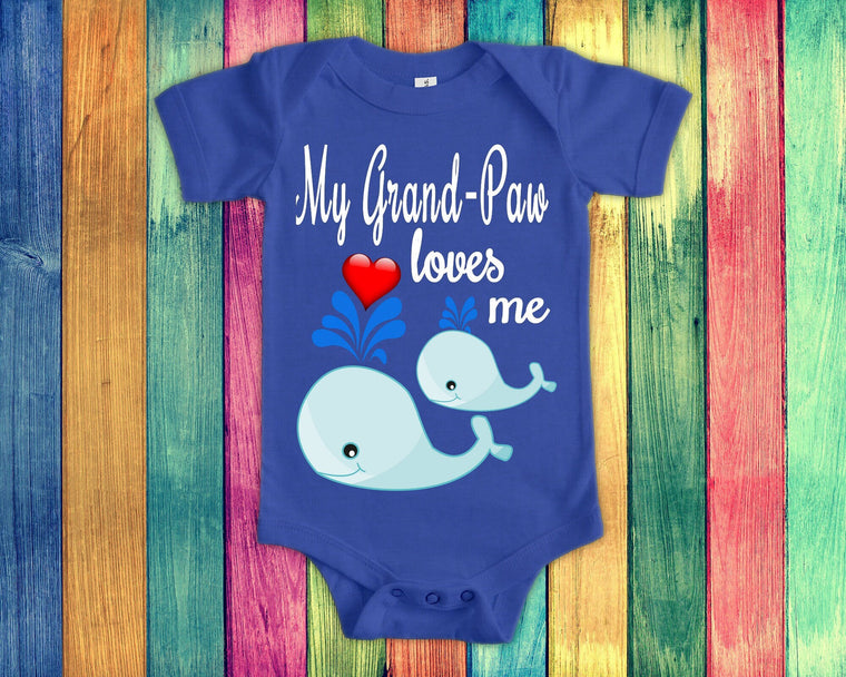 Grand-Paw Loves Me Cute Grandpa Name Whale Baby Bodysuit, Tshirt or Toddler Shirt Special Grandfather Gift or Pregnancy Reveal Announcement