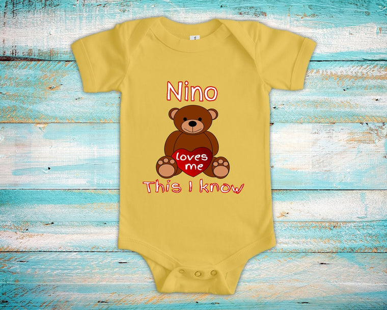 Nino Loves Me Cute Godfather Name Bear Baby Bodysuit, Tshirt or Toddler Shirt Spanish Godfather Gift or Pregnancy Reveal Announcement