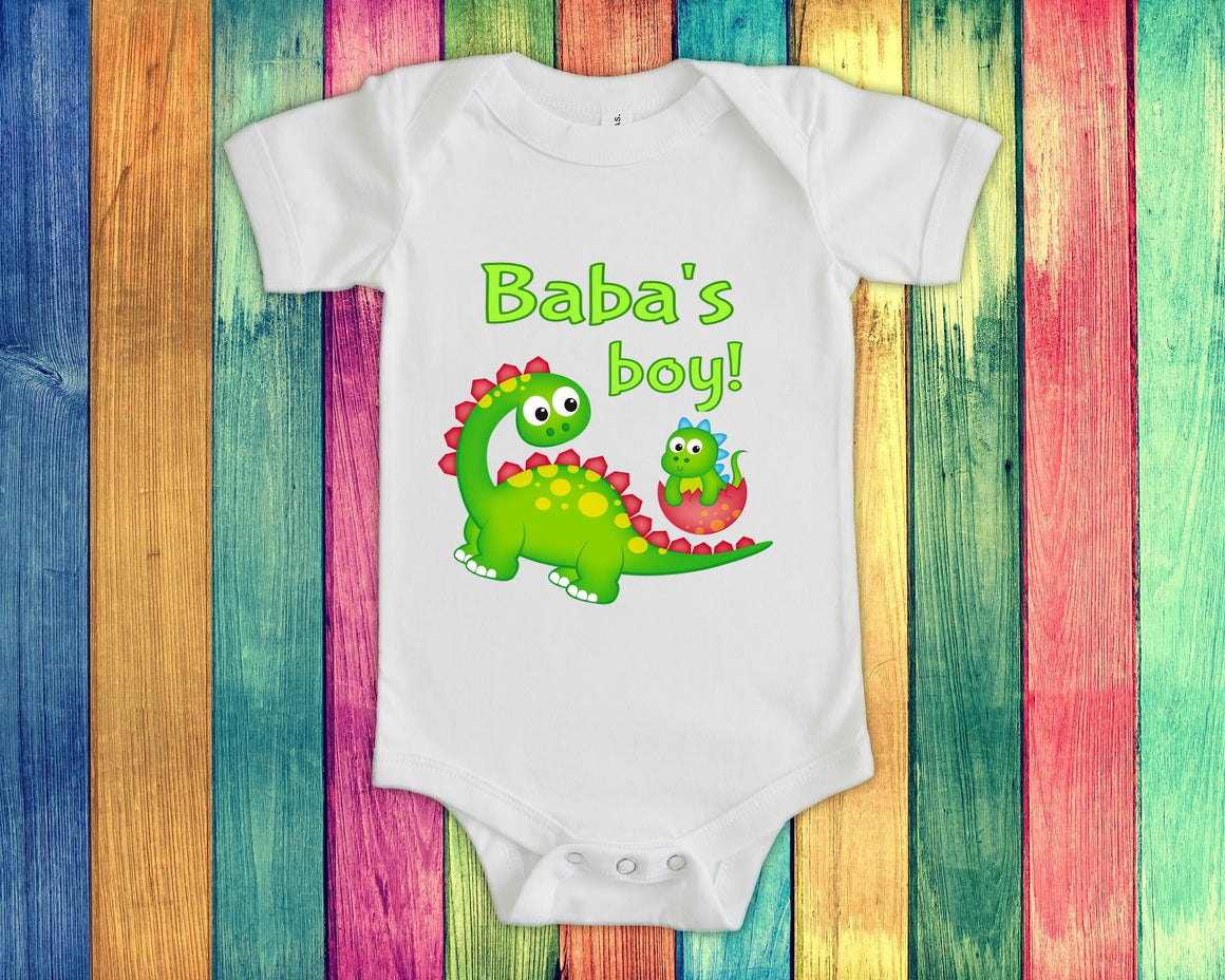 Baba's Boy Cute Grandma Name Dinosaur Baby Bodysuit, Tshirt or Toddler Shirt for a Polish Serbian Grandmother Gift or Pregnancy Reveal