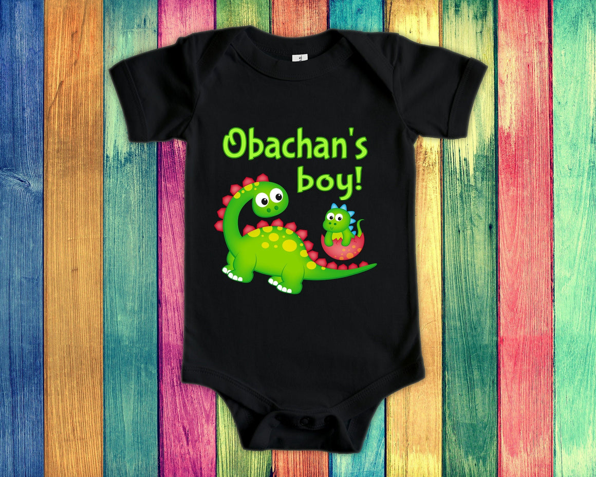 Obachan's Boy Cute Grandma Name Dinosaur Baby Bodysuit, Tshirt or Toddler Shirt for a Japanese Grandmother Gift or Pregnancy Announcement