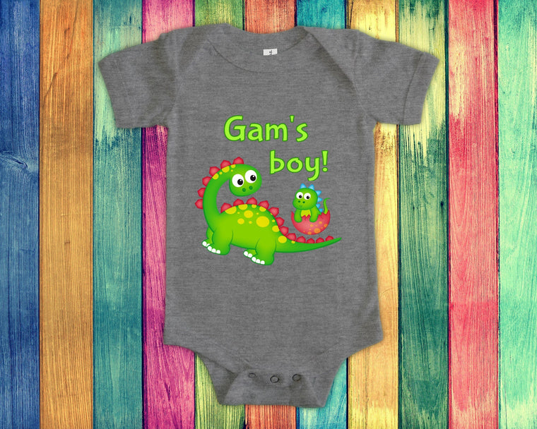 Gam's Boy Cute Grandma Name Dinosaur Baby Bodysuit, Tshirt or Toddler Shirt for a Special Grandmother Gift or Pregnancy Reveal Announcement