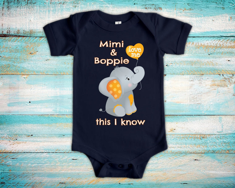Mimi & Boppie Love Me Cute Grandma Name Grandpa Name Elephant Baby Bodysuit, Tshirt, or Toddler Shirt - Can Be Custom Personalized