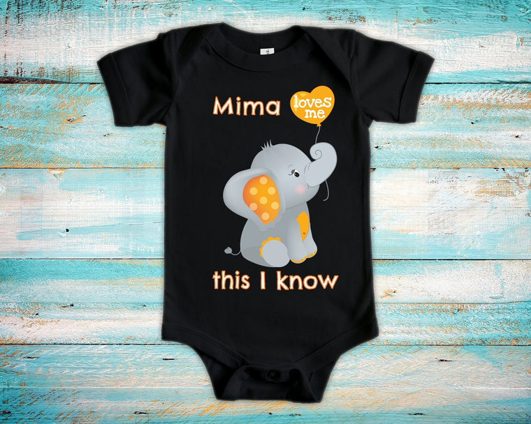 Mima Loves Me Cute Grandma Name Elephant Baby Bodysuit Unique Grandmother Gift for Granddaughter or Grandson or Pregnancy Announcement