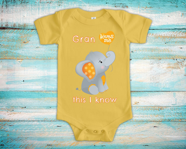 Gran Loves Me Cute Grandma Name Elephant Baby Bodysuit Unique Grandmother Gift for Granddaughter or Grandson or Pregnancy Announcement