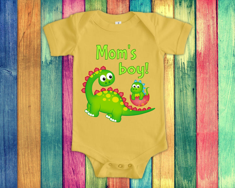 Mom's Boy Cute Mom Name Dinosaur Baby Bodysuit, Tshirt or Toddler Shirt for a Special Mother Gift or Pregnancy Reveal Announcement