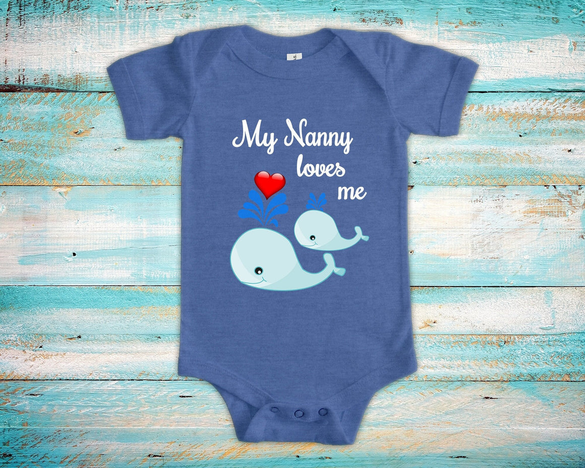 Nanny Loves Me Cute Grandma Name Whale Baby Bodysuit Unique Grandmother Gift for Granddaughter or Grandson or Pregnancy Announcement
