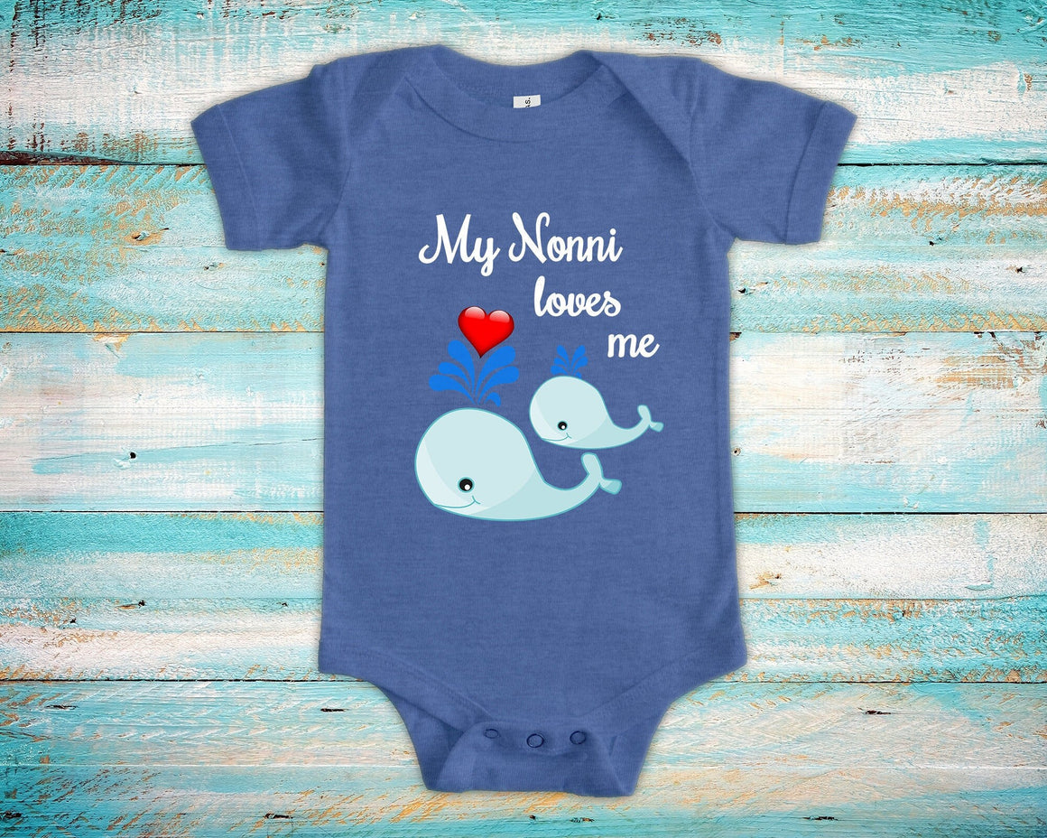 Nonni Loves Me Cute Grandma Name Whale Baby Bodysuit Unique Grandmother Gift for Granddaughter or Grandson or Pregnancy Announcement