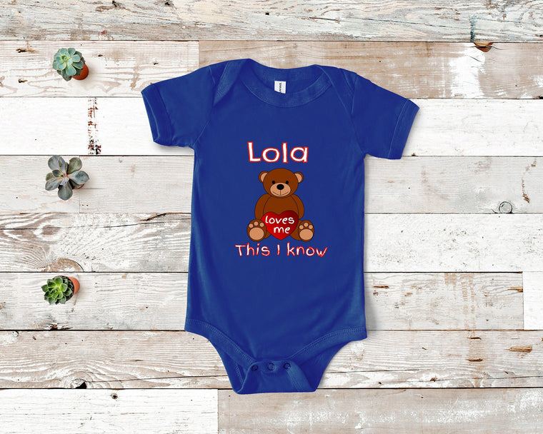Lola Loves Me Cute Grandma Name Bear Baby Bodysuit, Tshirt or Toddler Shirt Special Grandmother Gift or Pregnancy Reveal Announcement