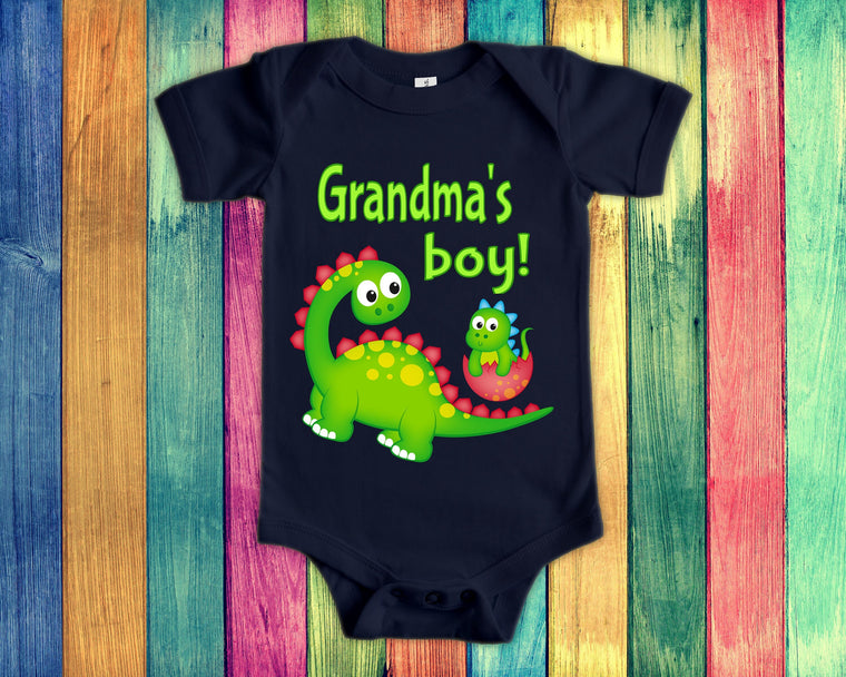 Grandma's Boy Cute Name Dinosaur Baby Bodysuit, Tshirt or Toddler Shirt for a Special Grandmother Gift or Pregnancy Reveal Announcement