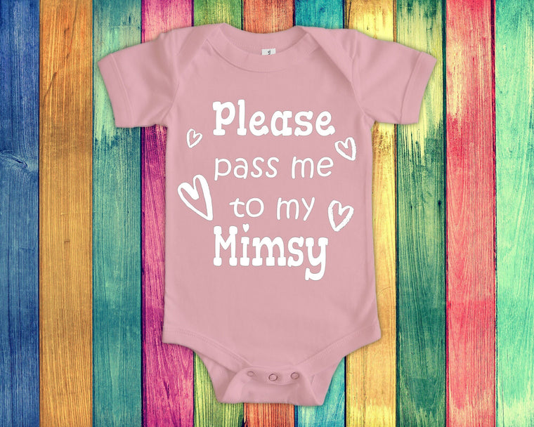 Pass Me To Mimsy Cute Grandma Baby Bodysuit, Tshirt or Toddler Shirt Special Grandmother Gift or Pregnancy Announcement
