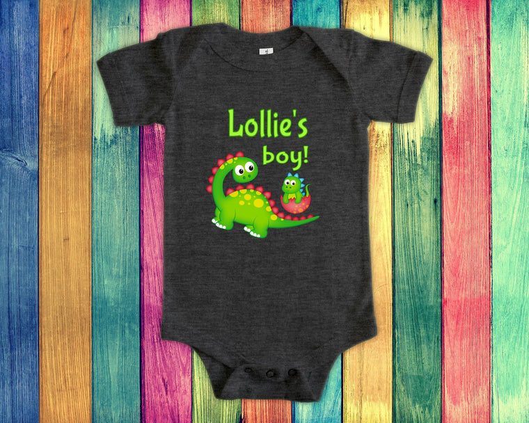 Lollie's Boy Cute Grandmother Name Dinosaur Baby Bodysuit, Tshirt or Toddler Shirt for a Special Grandmother Gift or Pregnancy Reveal