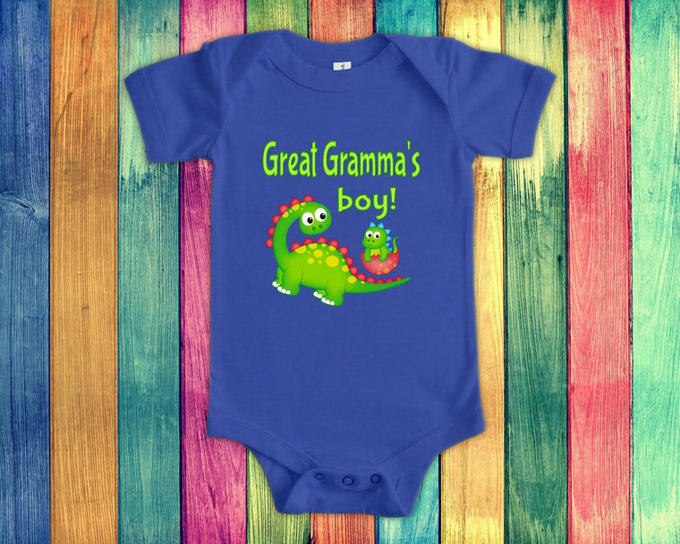 Great Gramma's Boy Cute Grandmother Name Dinosaur Baby Bodysuit, Tshirt or Toddler Shirt for a Special Grandmother Gift or Pregnancy Reveal