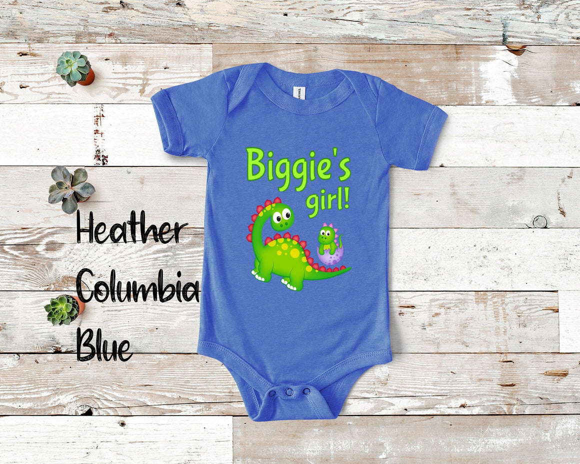 Biggie's Girl Cute Grandpa Name Dinosaur Baby Bodysuit, Tshirt or Toddler Shirt for a Special Grandfather Gift or Pregnancy Announcement