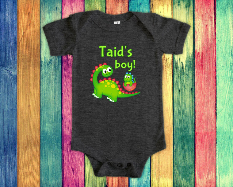 Taid's Boy Cute Grandpa Name Dinosaur Baby Bodysuit, Tshirt or Toddler Shirt for a Wales Celtic Welsh Grandfather Gift or Pregnancy Reveal