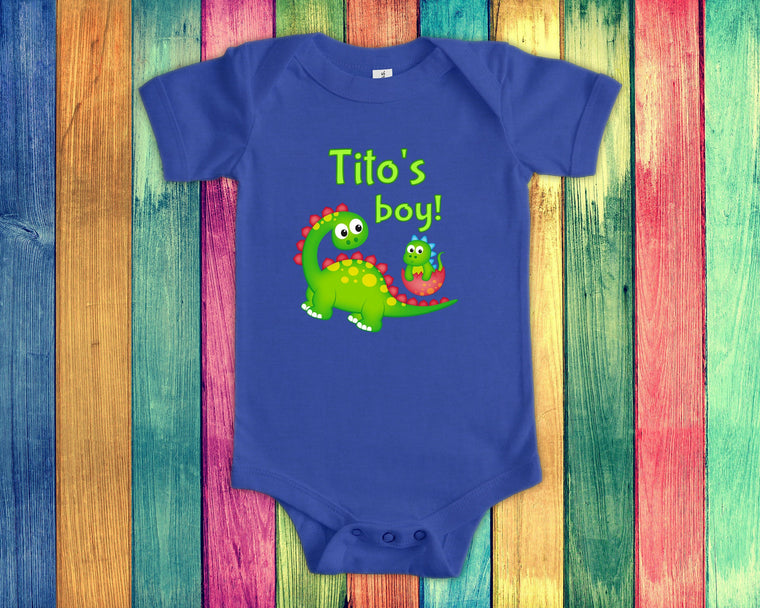 Tito's Boy Cute Grandpa Name Dinosaur Baby Bodysuit, Tshirt or Toddler Shirt for a Spanish Grandfather Gift or Pregnancy Reveal Announcement