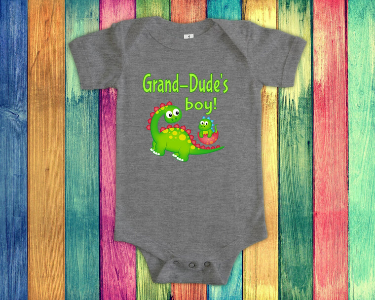 Grand-Dude's Boy Cute Grandpa Name Dinosaur Baby Bodysuit, Tshirt or Toddler Shirt for a Special Grandfather Gift or Pregnancy Announcement