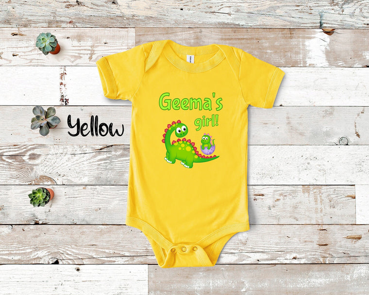 Geema's Girl Cute Grandma Name Dinosaur Baby Bodysuit, Tshirt or Toddler Shirt for a Special Grandmother Gift or Pregnancy Announcement