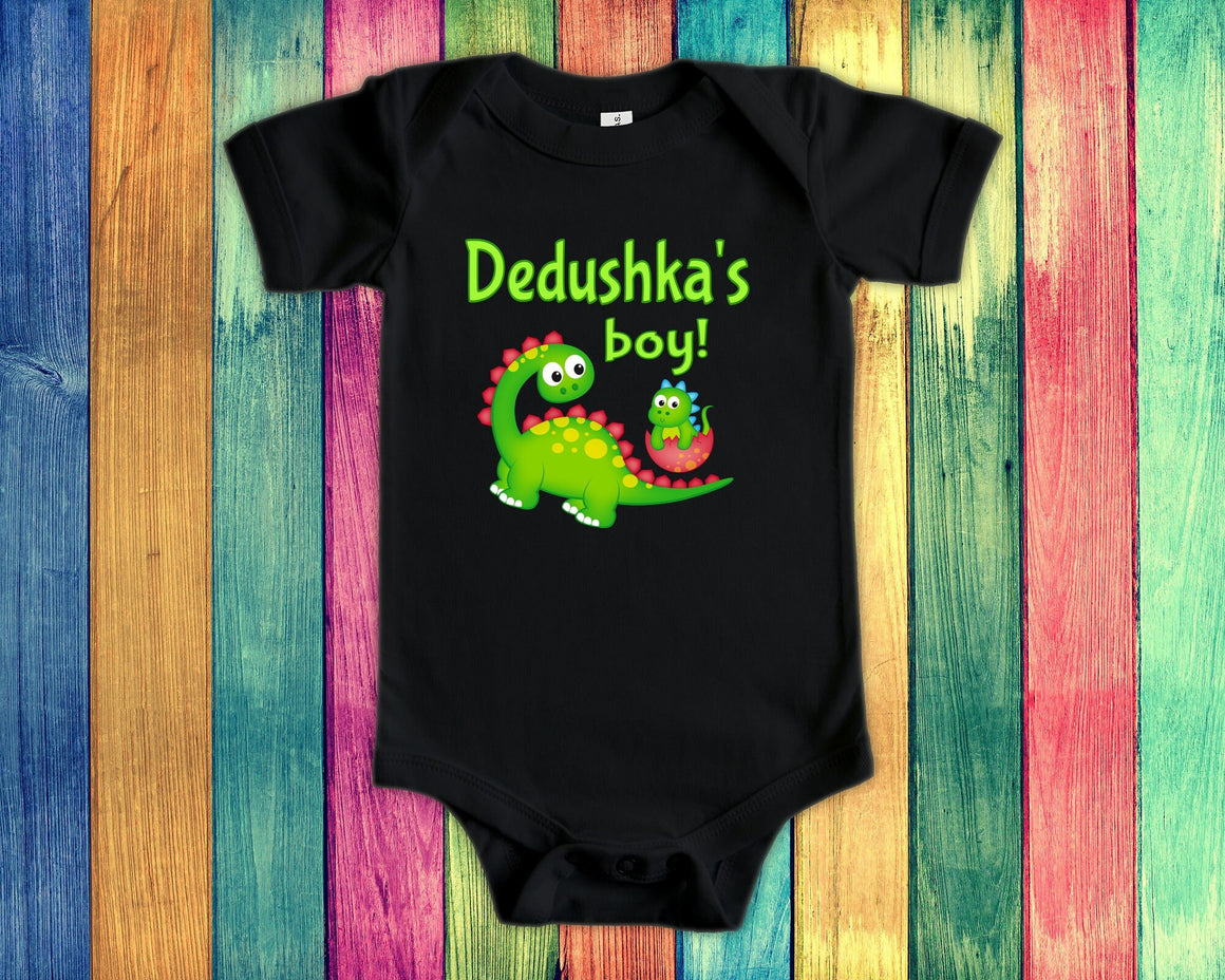 Dedushka's Boy Cute Grandpa Name Dinosaur Baby Bodysuit, Tshirt or Toddler Shirt for a Russian Grandfather Gift or Pregnancy Announcement