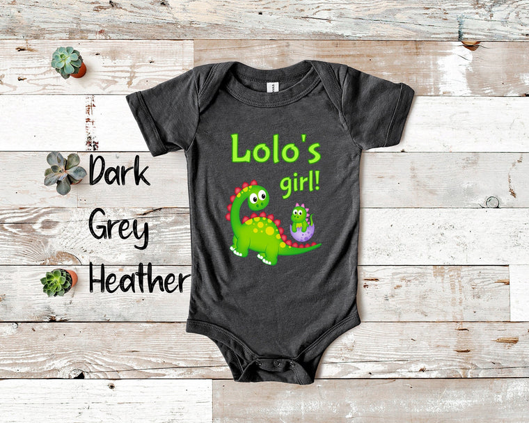 Lolo's Girl Cute Grandpa Name Dinosaur Baby Bodysuit, Tshirt or Toddler Shirt for a Filipino Grandfather Gift or Pregnancy Announcement