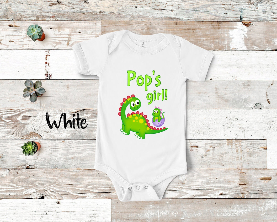 Pop's Girl Cute Grandpa Name Dinosaur Baby Bodysuit, Tshirt or Toddler Shirt for a Special Grandfather Gift or Pregnancy Reveal Announcement