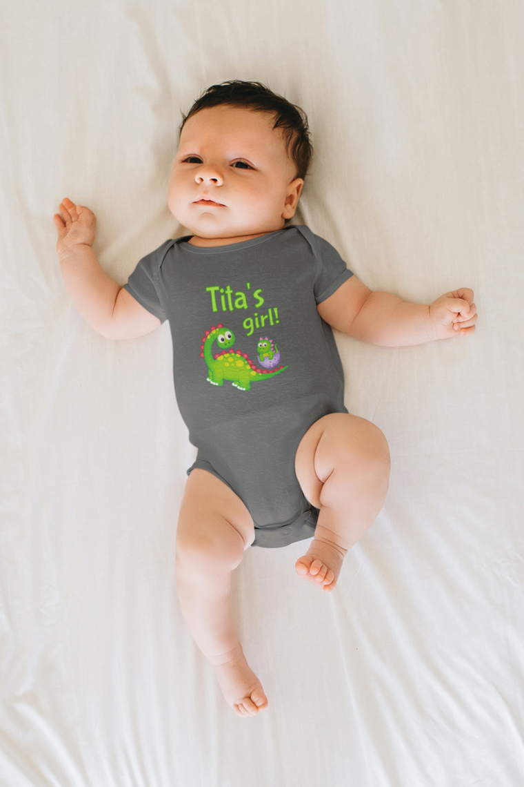 Tita's Girl Cute Grandma Name Dinosaur Baby Bodysuit, Tshirt or Toddler Shirt for a Filipino or Spanish Grandmother Gift or Pregnancy Reveal