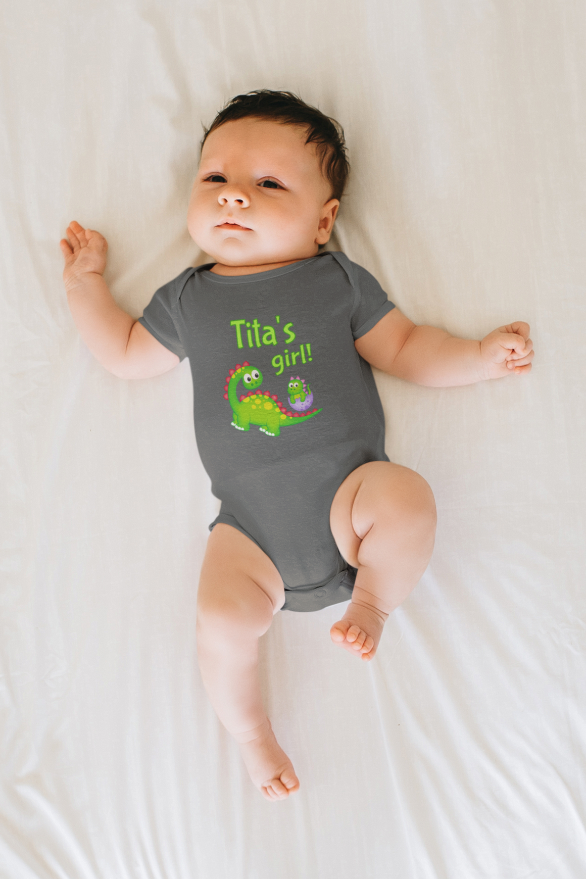 Tita's Girl Cute Grandma Name Dinosaur Baby Bodysuit, Tshirt or Toddler Shirt for a Filipino or Spanish Grandmother Gift or Pregnancy Reveal