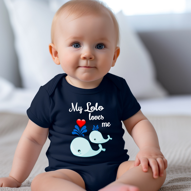 Lolo Loves Me Cute Grandpa Name Whale Baby Bodysuit, Tshirt or Toddler Shirt Filipino Grandfather Gift or Pregnancy Reveal Announcement