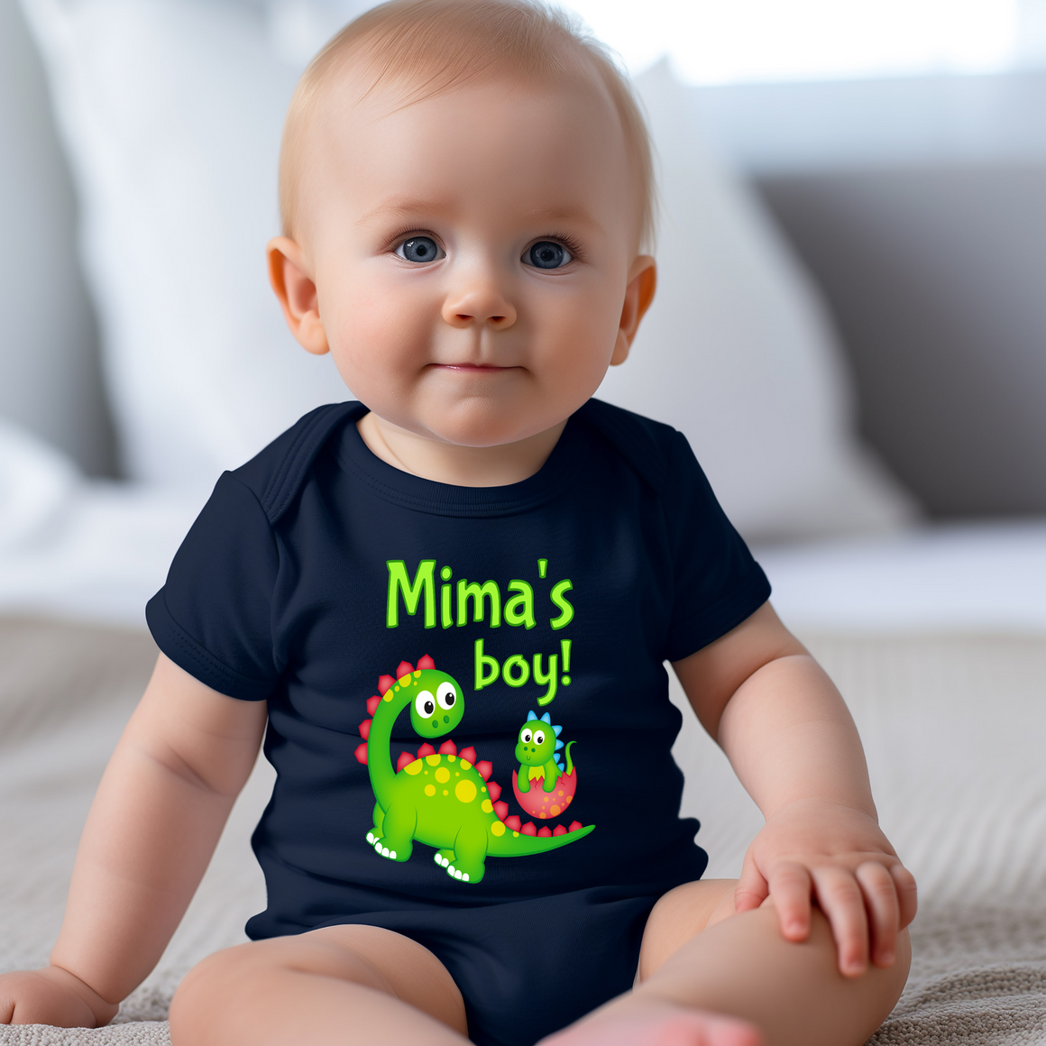 Mima's Boy Cute Grandma Name Dinosaur Baby Bodysuit, Tshirt or Toddler Shirt for a Special Grandmother Gift or Pregnancy Reveal Announcement