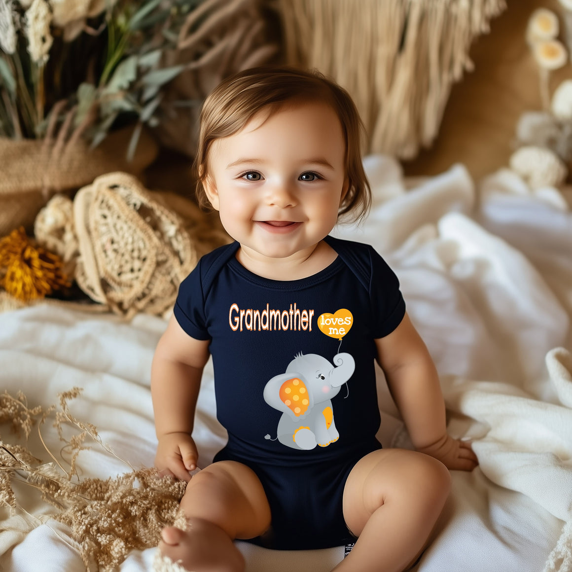 Grandmother Loves Me Cute Grandma Name Elephant Baby Bodysuit, Tshirt or Toddler Shirt Special Grandmother Gift or Pregnancy Reveal