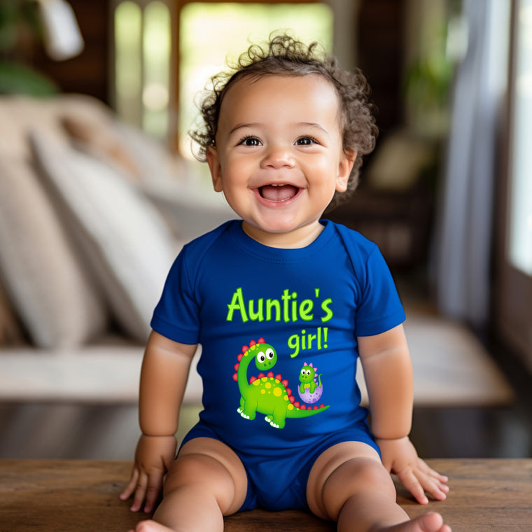 Auntie's Girl Cute Aunt Name Dinosaur Baby Bodysuit, Tshirt or Toddler Shirt for a Special Aunt Gift or Pregnancy Reveal Announcement