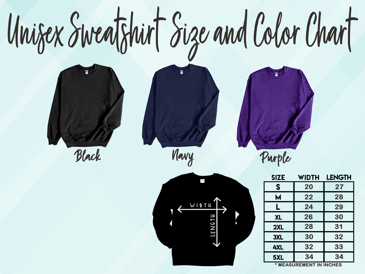 a graphic of a sweatshirt size and color chart