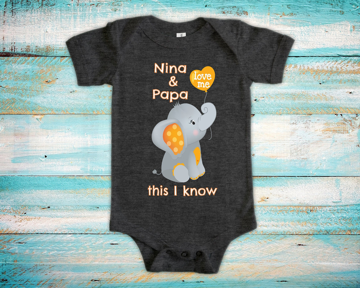 Nina & Papa Love Me Cute Grandma Name Grandpa Name Elephant Baby Bodysuit, Tshirt, or Toddler Shirt - Can Be Custom Personalized