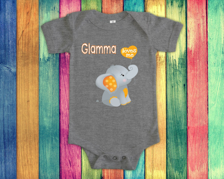 Glamma Loves Me Cute Grandma Name Elephant Baby Bodysuit, Tshirt or Toddler Shirt Special Grandmother Gift or Pregnancy Reveal Announcement