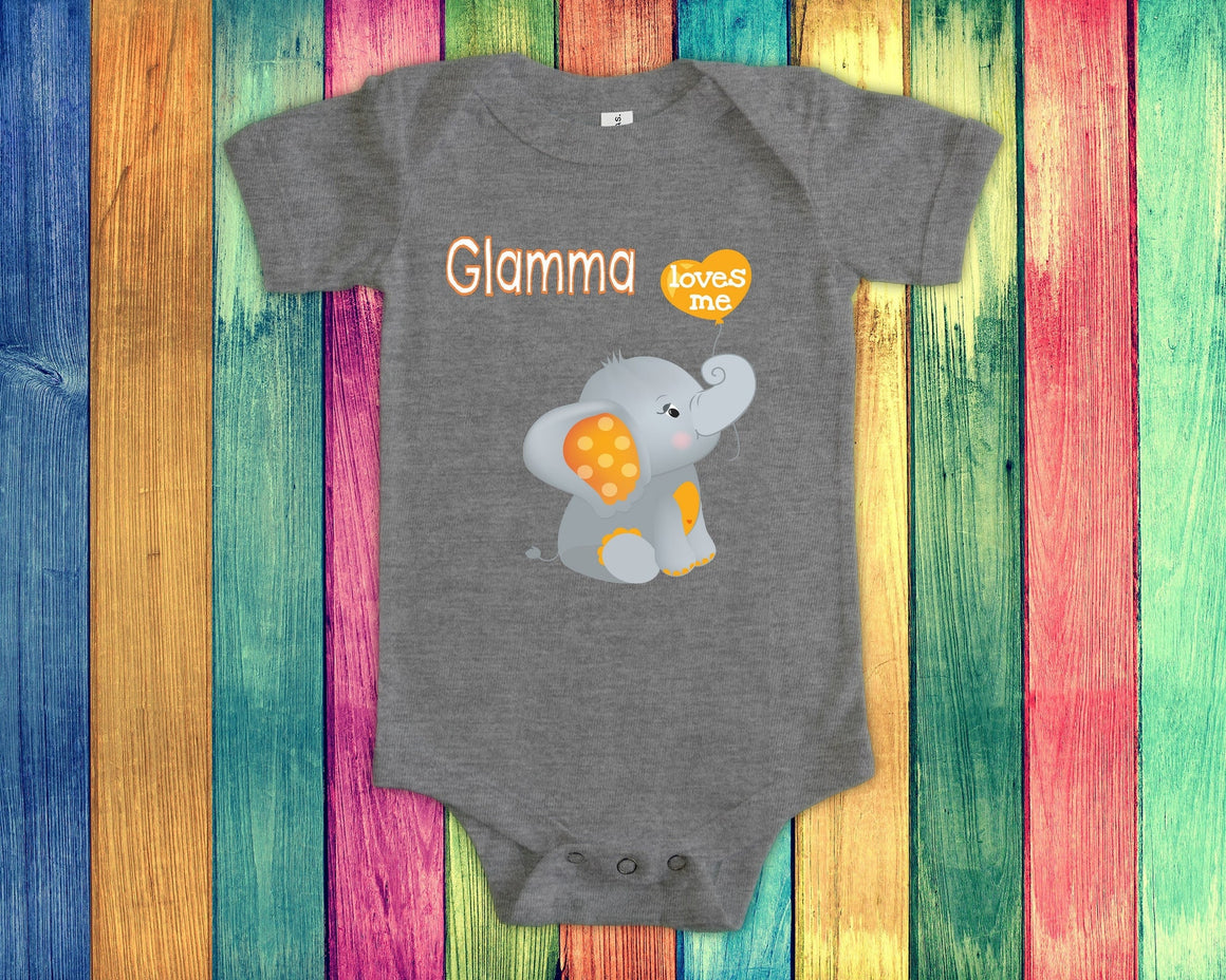 Glamma Loves Me Cute Grandma Name Elephant Baby Bodysuit, Tshirt or Toddler Shirt Special Grandmother Gift or Pregnancy Reveal Announcement