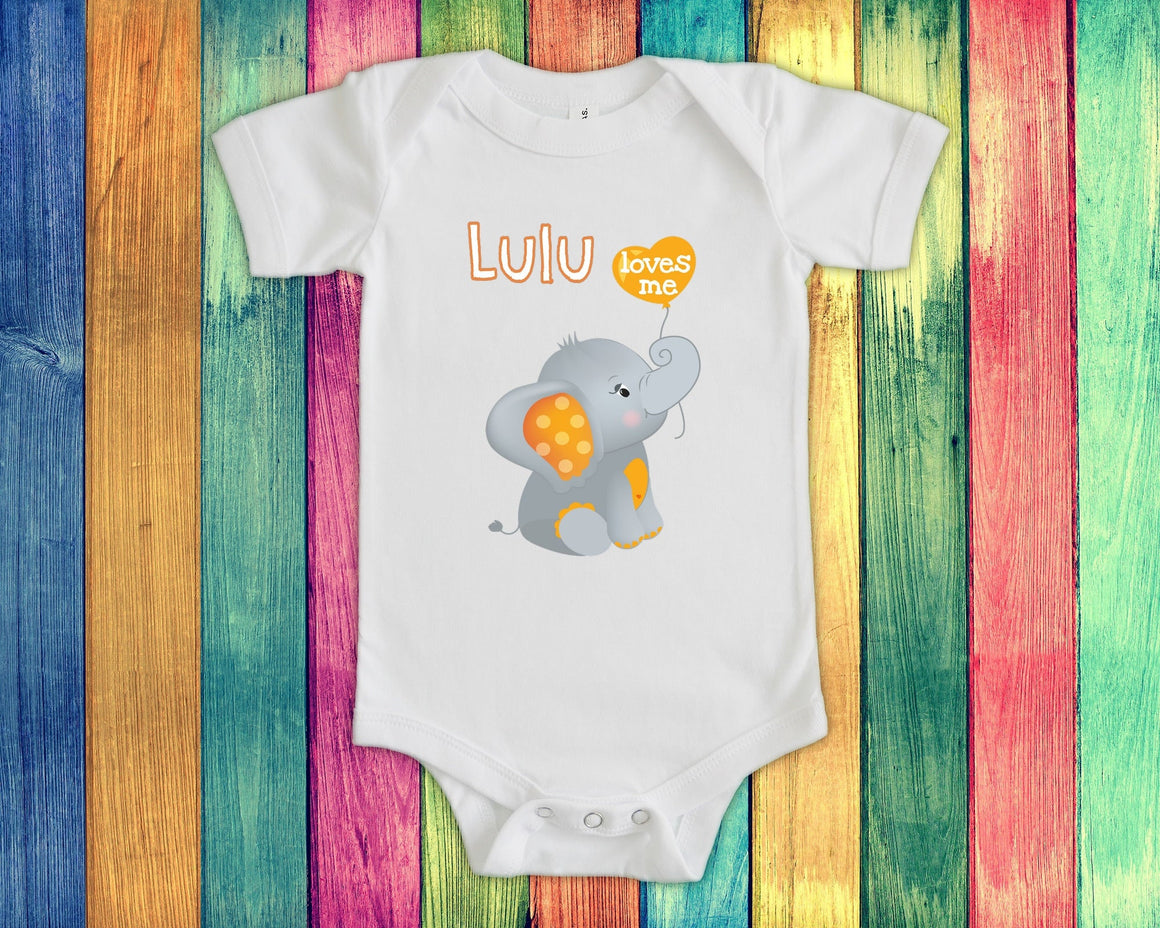 Lulu Loves Me Cute Grandma Name Elephant Baby Bodysuit, Tshirt or Toddler Shirt Special Grandmother Gift or Pregnancy Reveal Announcement