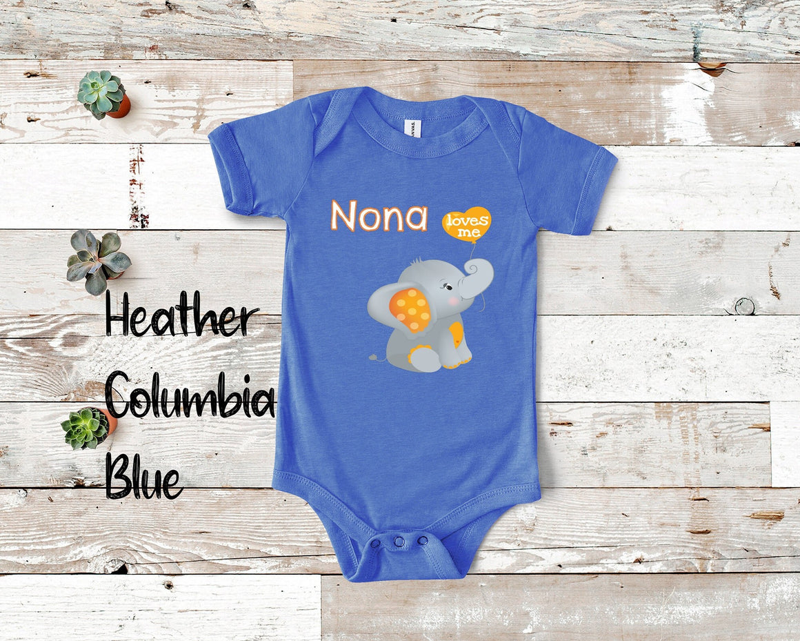 Nona Loves Me Cute Grandma Name Elephant Baby Bodysuit, Tshirt or Toddler Shirt Special Grandmother Gift or Pregnancy Reveal Announcement