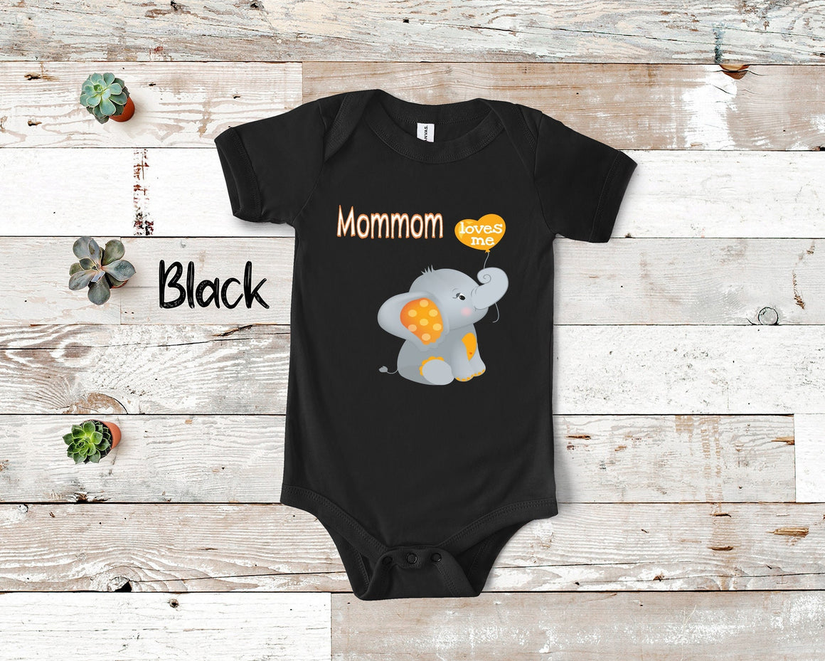 Mommom Loves Me Cute Grandma Name Elephant Baby Bodysuit, Tshirt or Toddler Shirt Special Grandmother Gift or Pregnancy Reveal Announcement
