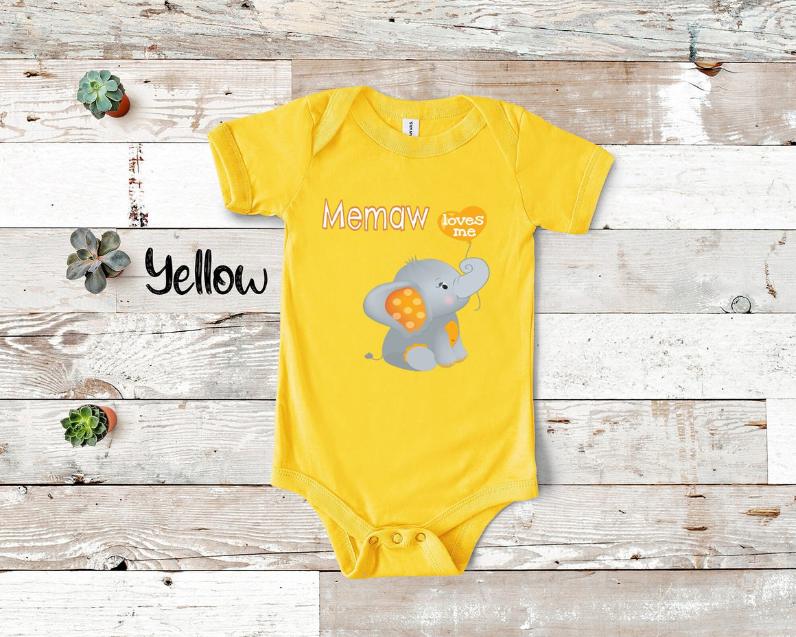 Memaw Loves Me Cute Grandma Name Elephant Baby Bodysuit, Tshirt or Toddler Shirt Special Grandmother Gift or Pregnancy Reveal Announcement