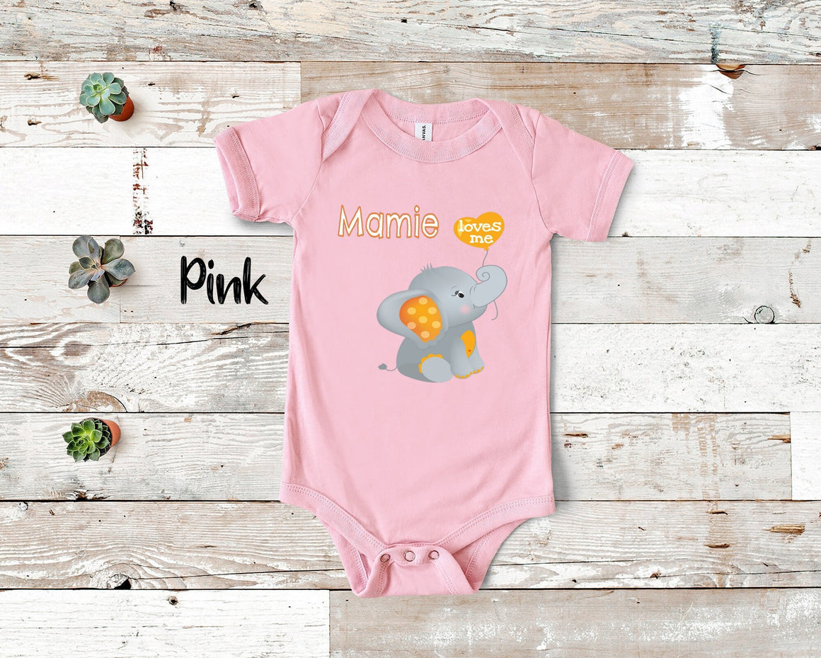 Mamie Loves Me Cute Grandma Name Elephant Baby Bodysuit, Tshirt or Toddler Shirt French Canadian Grandmother Gift or Pregnancy Reveal